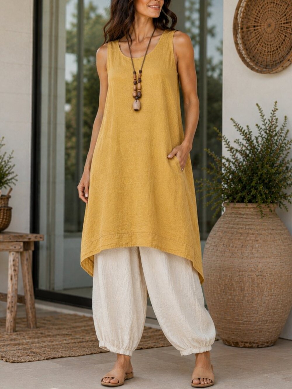 Rosmarine 100% Linen Hi Lo A-line Golden Sun Midi Dress M Lagenlook Coastal EUC